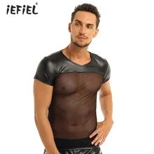 Мужская, с коротким рукавом, v-образный вырез, Искусственная кожа футболка Костюмные Топы эластичные Прозрачная облегающая футболка Вечеринка Клубная одежда