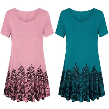 

Daily suit OWLPRINCESS Large Size Dress 2018 Printed Crew Neck Pullover Mid-length Short Sleeve T-shirt