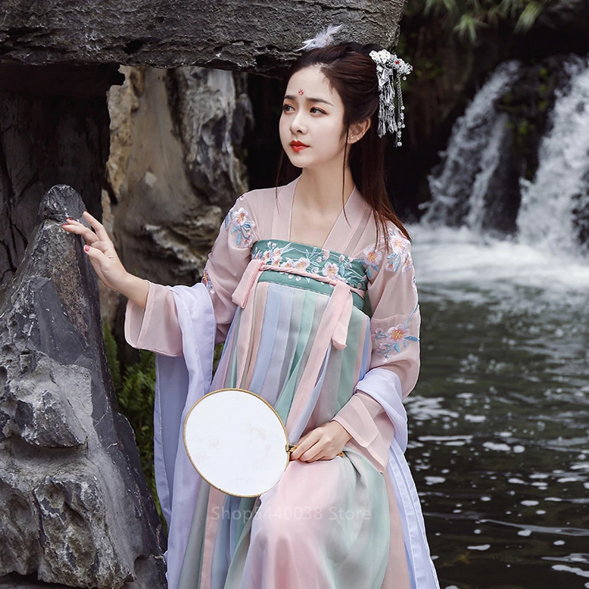 Hanfu Женский костюм для китайского традиционного танца, костюмы древней феи, элегантное платье с вышивкой в народном стиле, ретро, для сцены, новогодний, праздничный наряд