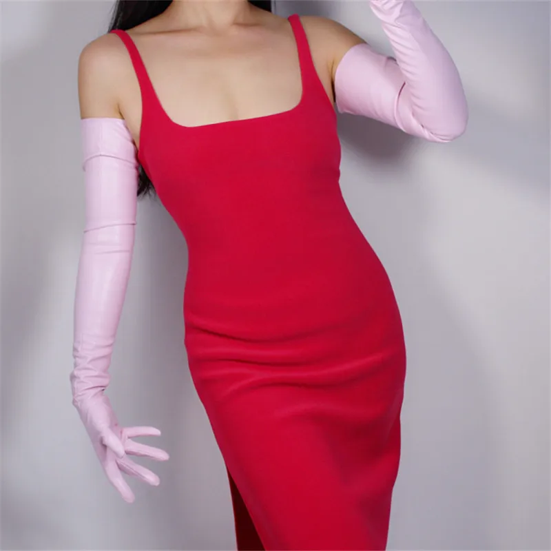 70cm light pink Очень длинные кожаные перчатки длиной 70 см, имитирующая кожу овчины, цветущая вишня, светильник, розовые теплые женские перчатки из искусственной кожи WPU70 - Цвет: 70cm light pink