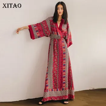 

XITAO Folk Custom High Waist Red Dress Women Clothes 2020 Summer New Fashion Print Beach Style Elegant Dress New Fashion ZLL4635