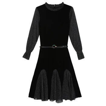 

2019 Autumn Winter For Fat Femal Black Dress Velvet Mesh Splicing Bottoming Party Dress Slim Temperament Vintage Fishtail Dress