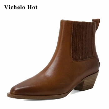 

Vichelo Hot short boots sheep leather classic colors pointed toe thick med heel slip on handmade beauty girls ankle boots L8f2