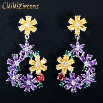 

CWWZircons High end Women Costume Jewelry Blossoming Flower Yellow Purple Cubic Zirconia Crystal Big Long Luxury Earrings CZ320