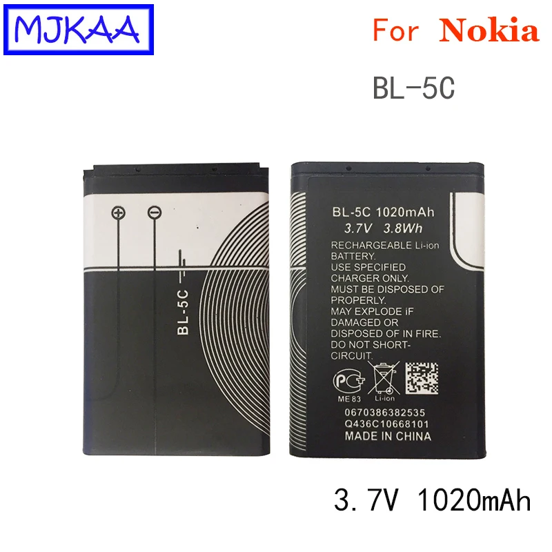 MJKAA 2 шт. BL-5C 3,7 V 3.8Wh 1020 мА/ч, литий-ионный аккумулятор Батарея для Nokia 1208 1600 1100 1101 2610 2600 2300 6230 6630 n70 n71 n72 n91 e60