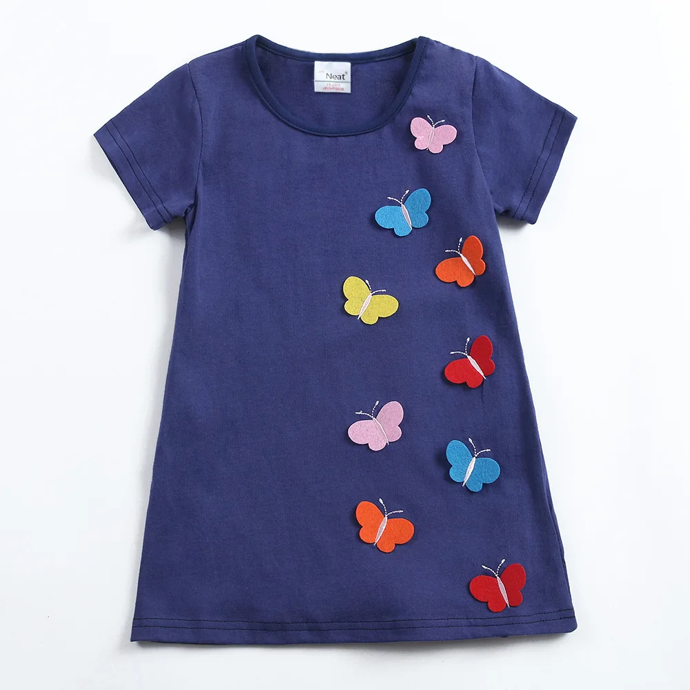 

Europe And America Foreign Trade New Style Summer Comfortable Solid Color Short-sleeved Dress for Girls Beautiful Butterfly Embr