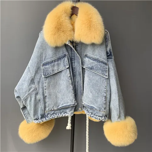 Женская зимняя короткая куртка Настоящее меховое пальто; парка с натуральным лисьим воротником Рекс подкладка из кроличьего меха уличная Толстая теплая джинсовая куртка - Цвет: Blue-yellow