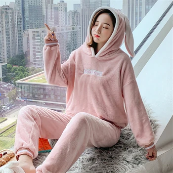 

Autumn Winter Flannel Cute Rabbit Sleepwear 2PCS Casual Nightgown Pajama Set Women Home Suit Pijama Mujer пижама женская