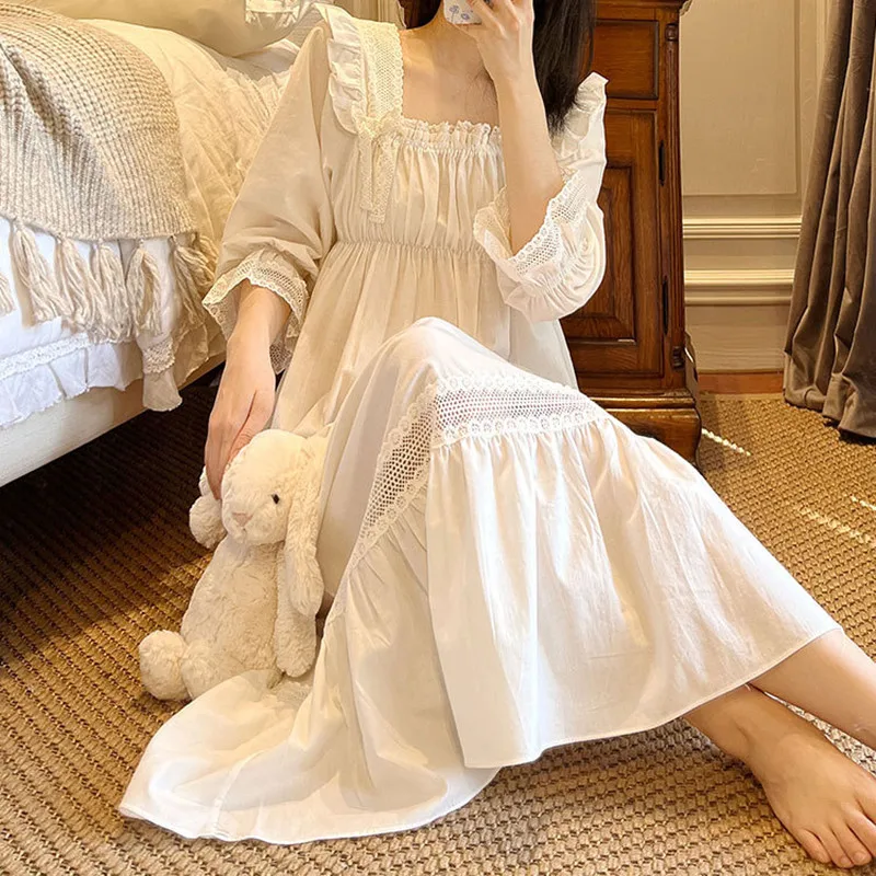 Korea Style Sweet Nightdress Women Square Collar Long Sleeve