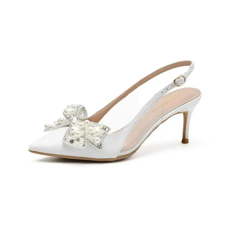 

2022 New A-Word Buckle White Pearl Sandals Women Fashion High Heels Stiletto Wedding Shoes Women Party Sandalias de las mujeres