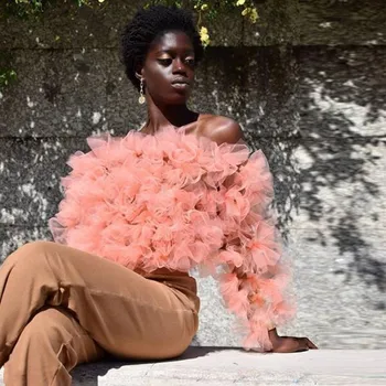 

Peach Color Blouse Shirts Women Tiered Ruffle Puffy Tulle Formal Party Tops Fashion Custom