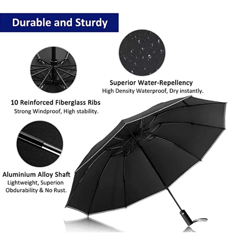 Inverted Umbrella Windproof Folding Reverse Umbrella with Reflective Stripe 10 Ribs Auto Open and Close Portable Travel Umbrella images - 6