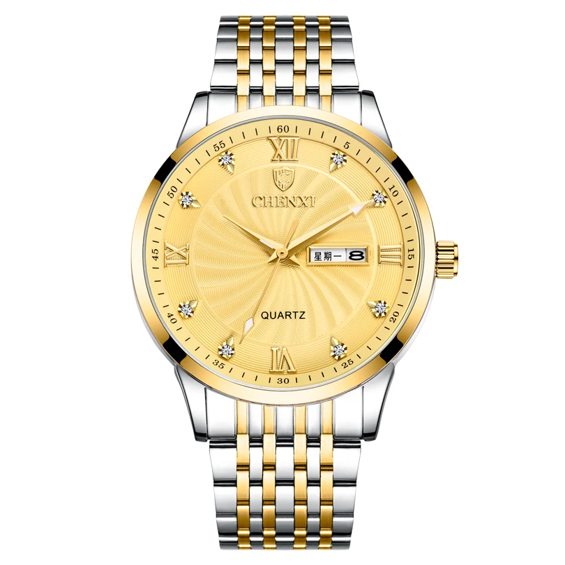 Men Golden CHENXI новые часы для пары Роскошные Брендовые женские или мужские часы кварцевые часы с датой недели наручные часы женские водонепроницаемые часы Montre Femme - Цвет: Men Golden