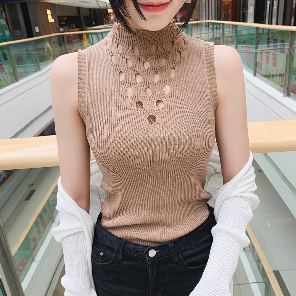 new fashion women's knitwear Hollow high collar sleeveless knit vest vest dress tide