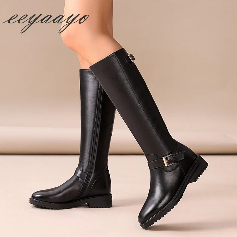 New Genuine Leather Winter Women Knee-High Boots Middle Heel Round Toe Zipper Fashion Women Shoes Black Motorcycle Boots