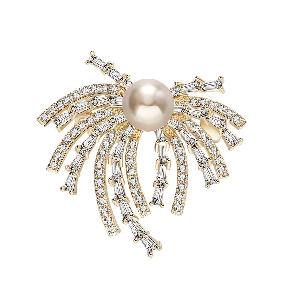 

Viennois Coconut Tree Plant Brooch Pin Gold Color Ziron Pearl for Women Decoration Jewelry