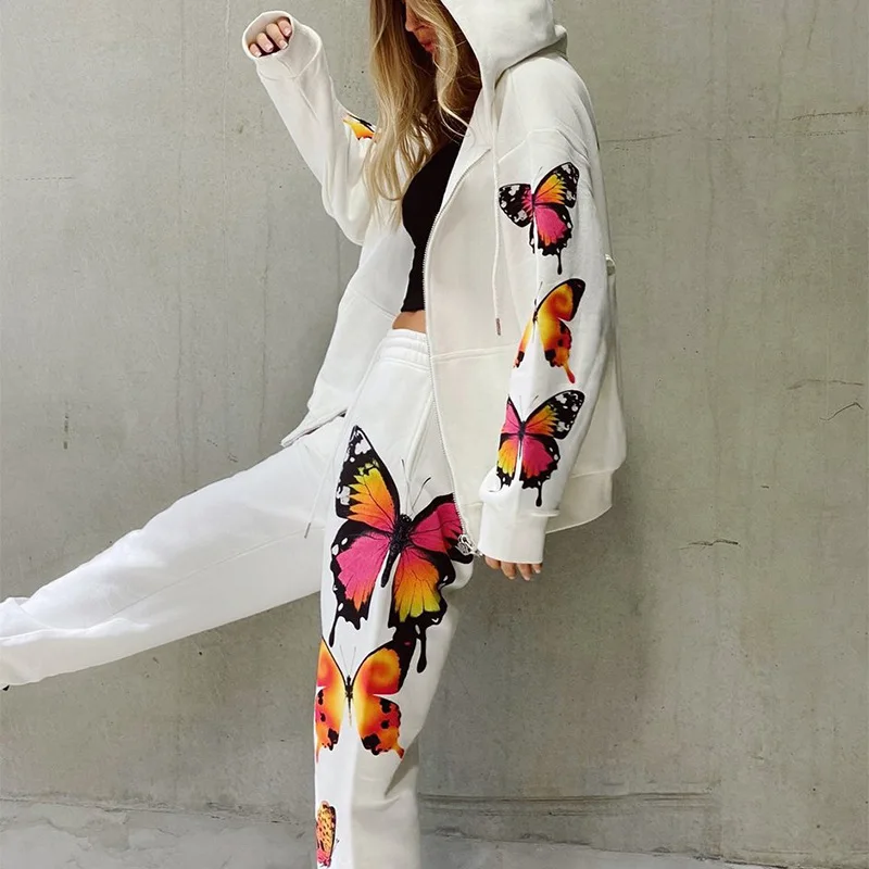 

Autumn Winter Women's Tracksuit Set 2 Pieces Butterfly Print Sportwear Outfits Female Casual Long Sleeve Hooded Sweatshirt y2k