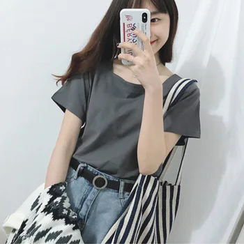 

2020 New Summer Solid Color All-match Short Sleeve Women T-shirt Ins Square Collar Korean Style Tee Shirt Femme Free Shipping