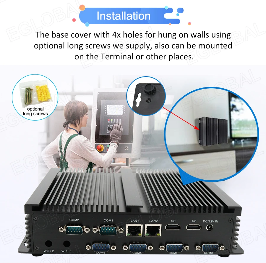 Elevate Your Workspace with Eglobal Industrial Mini PC - Intel Core i3/i5, 2 RJ45 LAN, 2 HDMI, Linux Desktop Computer, 6 RS232 COMs, 8 USB, Windows Ready Description Image.