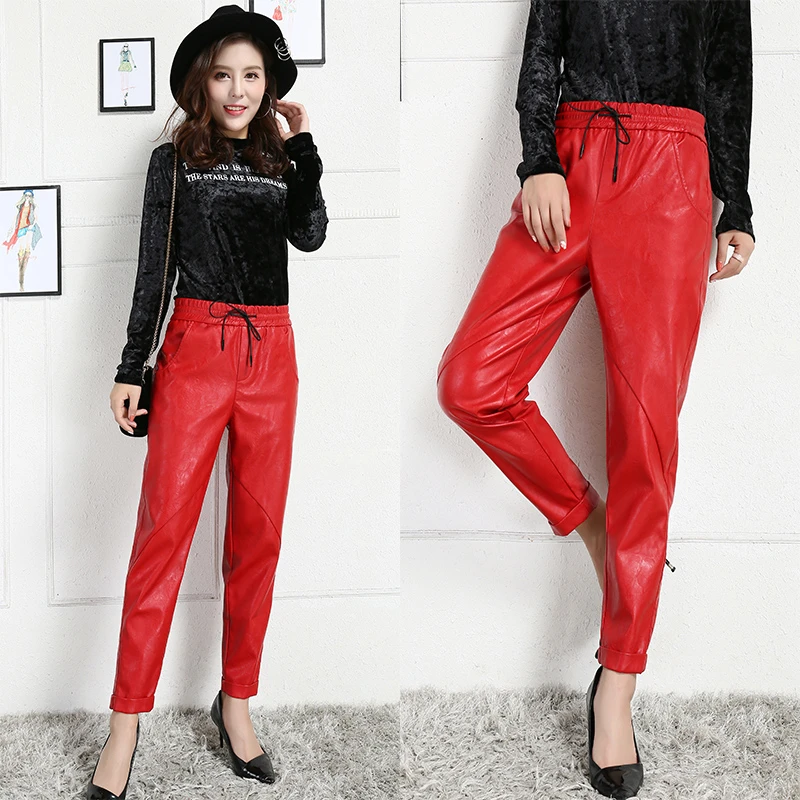 red leather high waisted pants