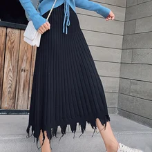 Женские плиссированные юбки, Осень-зима, вязанная свободная длинная юбка с высокой талией, повседневные макси юбки, Корейская одежда, Droppingship