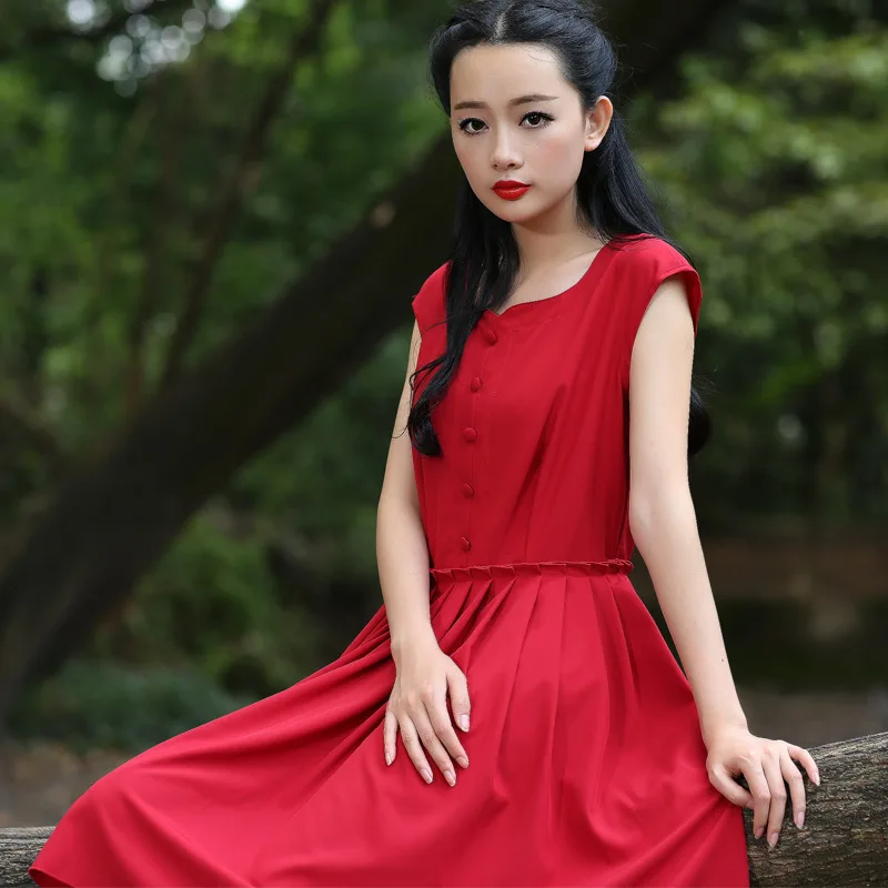 

6116 # chun xin pin nv zhuang Sweet Retro Solid Color Fairy Style Slim Fit Simple Dress