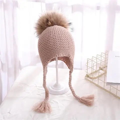 KHAKI 3-36 Months Осенне-зимняя теплая шапка для младенца из натурального меха енота вязаный детский чепчик накладки наушников-капель детская шапка для мальчиков и девочек помпоны вязаные шапочки - Цвет: KHAKI 3-36 Months