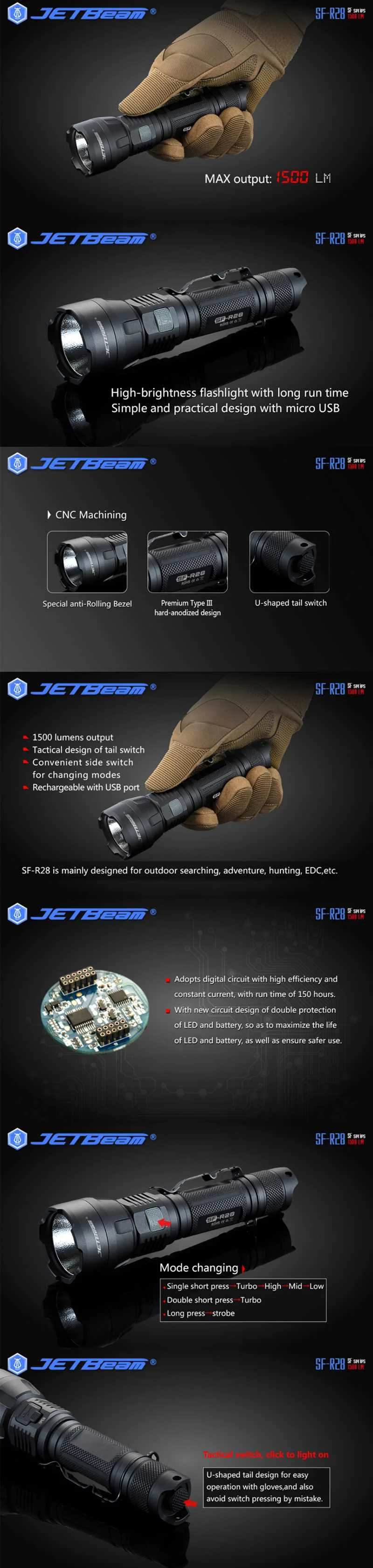 JETBEAM SF-R2 XHP50 1500 Lumens 5 Modes USB Rechargeable IPX6 Waterproof 240m Outdoor Torch Tactical Flashlight Lantern Lamp