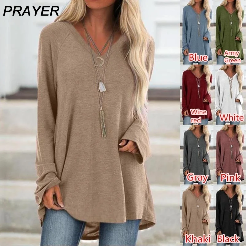 XS-5XL Women's Clothes Casual Solid Color V-neck Long Sleeve Tops Ladies Loose Tunic T-shirts Cotton Pullover Sweatshirts | Женская