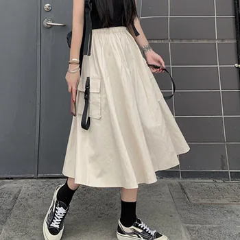 

2020 Japanese Korea Summer Skirts Women Pocket Harajuku Streetwear Preppy Style Solid Khaki Grey High Waist A Line Skirts Midi