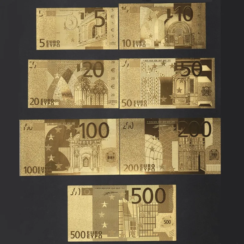 Creative 24k Gold Foil Banknote Full 7pcs Euro Banknote 7pcs USD Dollar Collection Decor Souvenir Gift Waterproof