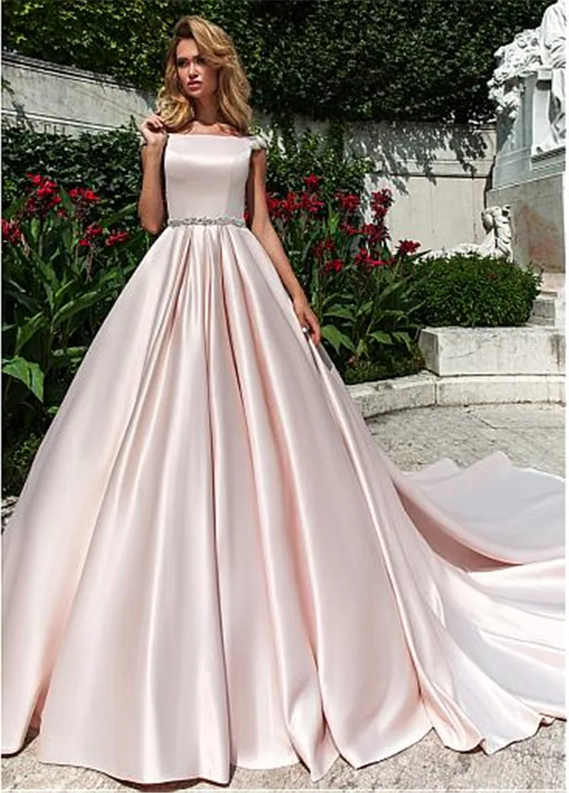 

Scoop Modest Satin A-Line Wedding Dresses Crystal Sash Chapel Train Long Bridal Gowns Fashionable Spring
