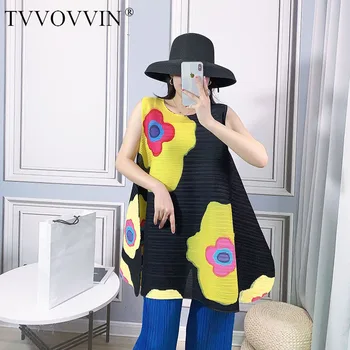 

TVVOVVIN 2020 Summer New Pleated Dress Women Loose Large Size Women's Printing Sleeveless O-neck A-line Casual Bouncy B011