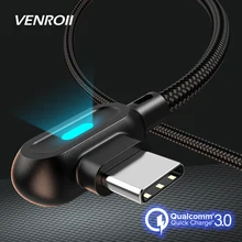 Venroii 1 м 2 м usb type C кабель светодиодный провод для быстрой зарядки для samsung huawei Xiaomi Andriod 90 градусов зарядное устройство для мобильного телефона