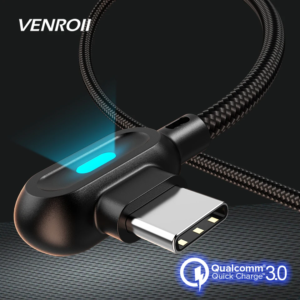 Кабель Venroii 1 м 2 USB Type C светодиодный провод для быстрой зарядки Samsung Huawei Xiaomi Andriod 90
