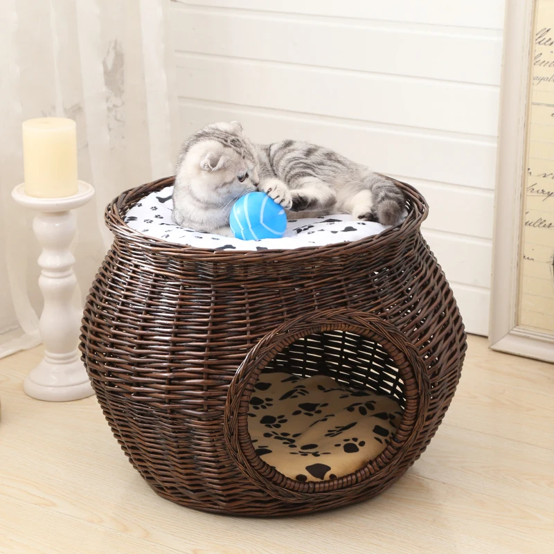 

16%,manual Rattan Cat House Natural wicker weaving cat nest cat accessories Durable green with Thick mat for big pet