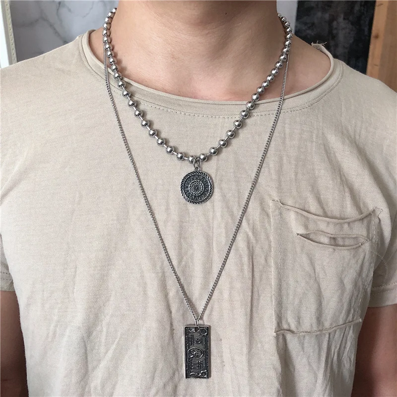 

Hip hop rock silver metal coins pendant necklaces for women man punk round beads chain long sweater necklace jewelry lovers gift