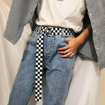 

Fashion Women Belt Leisure Canvas Jeans Lovely Belts For Lady Black and white Plaid Buckle 120cm long Strap Buckle Waist Belt