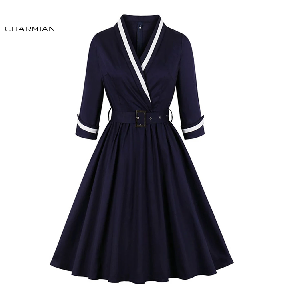 Dark-blue Charmian женское винтажное темно-синее платье с v-образным вырезом и рукавом 7 точек высокая талия с поясом миди ТРАПЕЦИЕВИДНОЕ ПЛАТЬЕ - Цвет: Dark-blue
