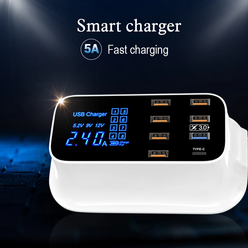 Quick Charge 3.0 Fast charging multi USB charger 8 ports Lcd display USB hub USB C charger for iPad iPhone Xiaomi oneplus huawei