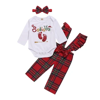 

0-18M Xmas Newborn Baby Girls Clothes My First Christmas Letter Tops Romper Red Plaid Bib Pants Headband Outfits Clothes 3Pcs