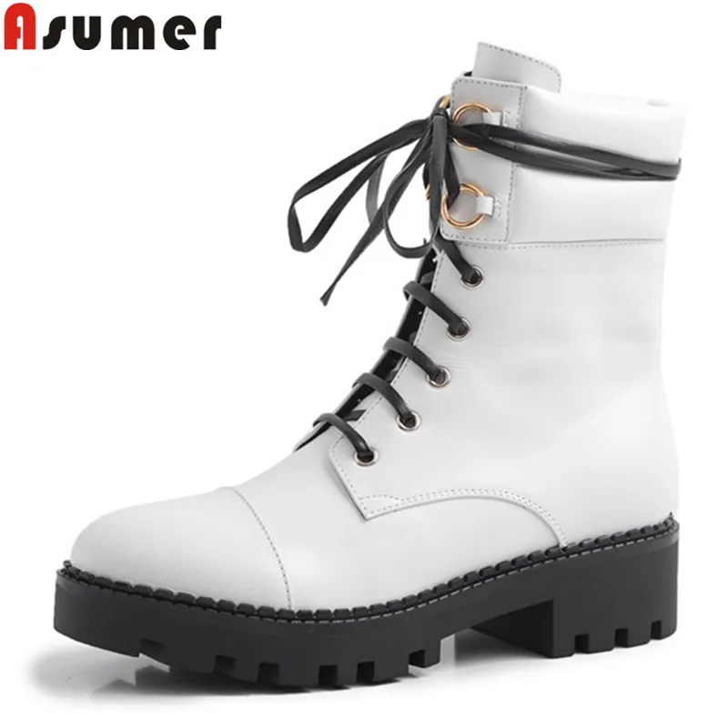 ASUMER/Новинка года; ботильоны для женщин с круглым носком; ботинки из натуральной кожи на квадратном каблуке; женские ботинки на шнуровке; сезон осень-зима