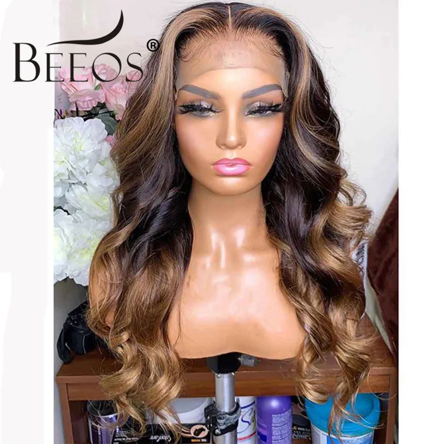 Beeos 13*6 180% Deep Part Lace Front Human Hair Wig Body Wave Ombre Honey Blonde Bleached Knots Brazilian Color Remy Hair