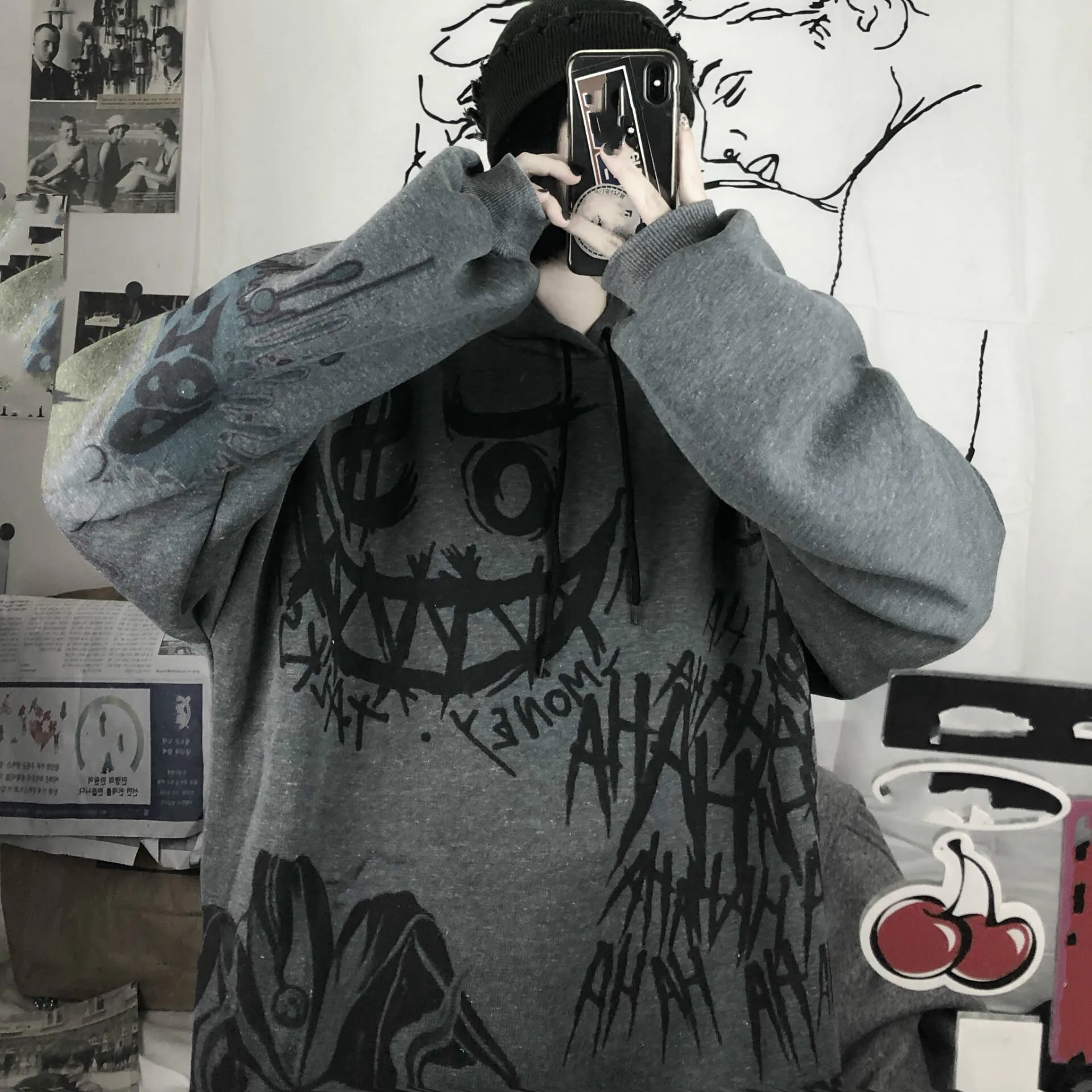 Японский стиль мультфильм Harajuku женские толстовки уличная краска толстый с капюшоном воротник Feamle Кофты с буквенным принтом верхняя одежда