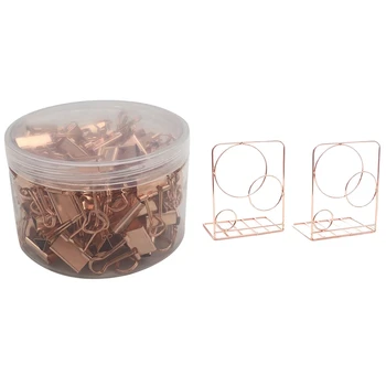 

1 Pair Bookends Metal Book Ends Modern Decorative Bookshelf Decor & 100Pcs 19mm Rose Gold Clamp Paper Binder Clips