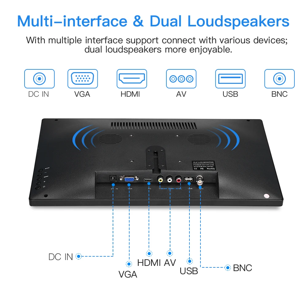 15.6'' IPS Screen Monitor Display 1920x1080 AV/VGA/BNC/USB HDMI input LCD Monitors Video Audio CCTV Monitor Security LED Display