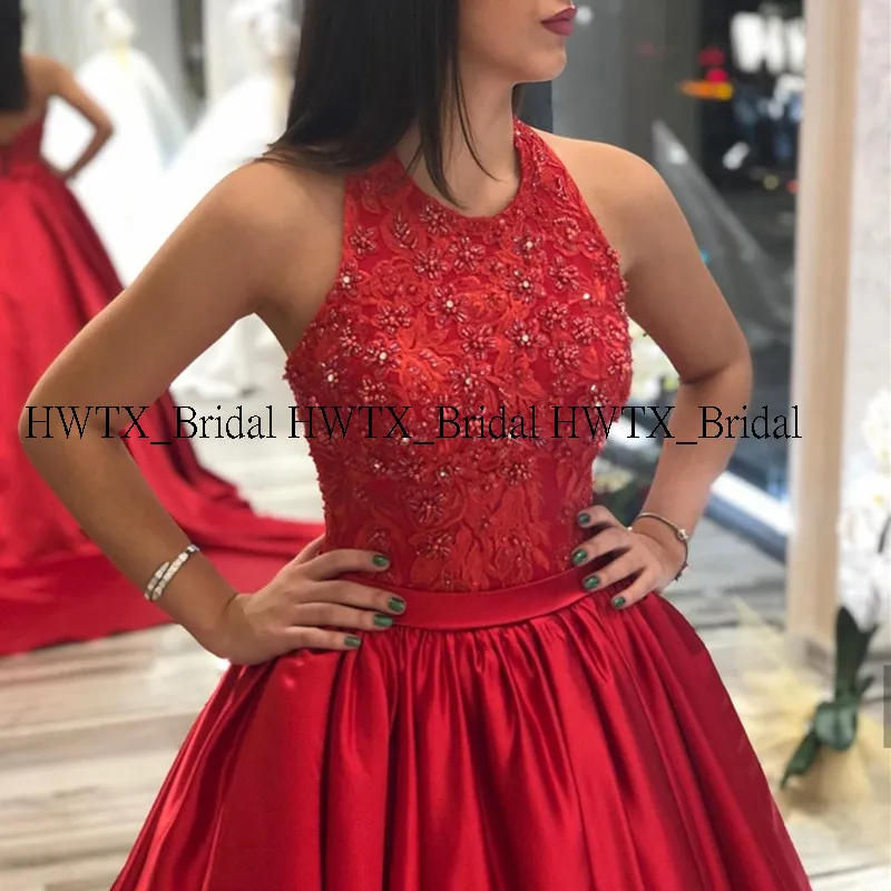HWTX_Bridal атласное вечернее платье с длинным шлейфом, новинка, подгонянное бисером, с лямкой через шею, корсетом, а-силуэт, вечерние, формальные, для особых случаев, платье