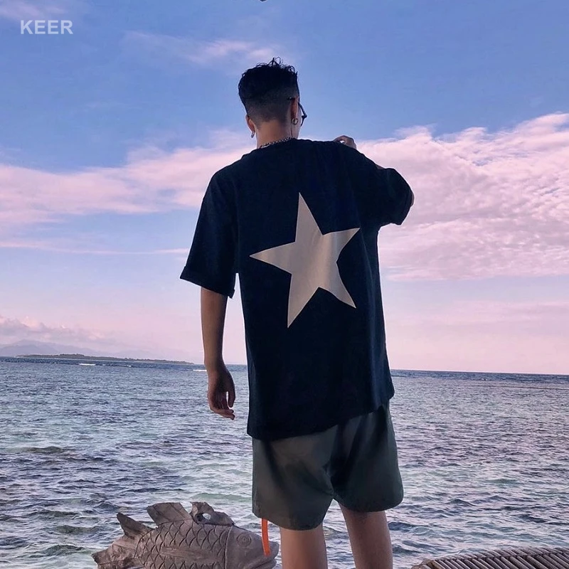 Essentials Men's T-Shirt 100% Cotton Loose Five Pointed Star Print Hip-Hop Style Quality Movement Unisex Short Sleeve | Мужская