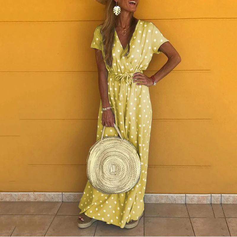 Fashion Women Summer Dress New Sexy V-neck Short Sleeve Polka Dot Print Women Long Maxi Dress Ladies Clothes CDR1875 (14)