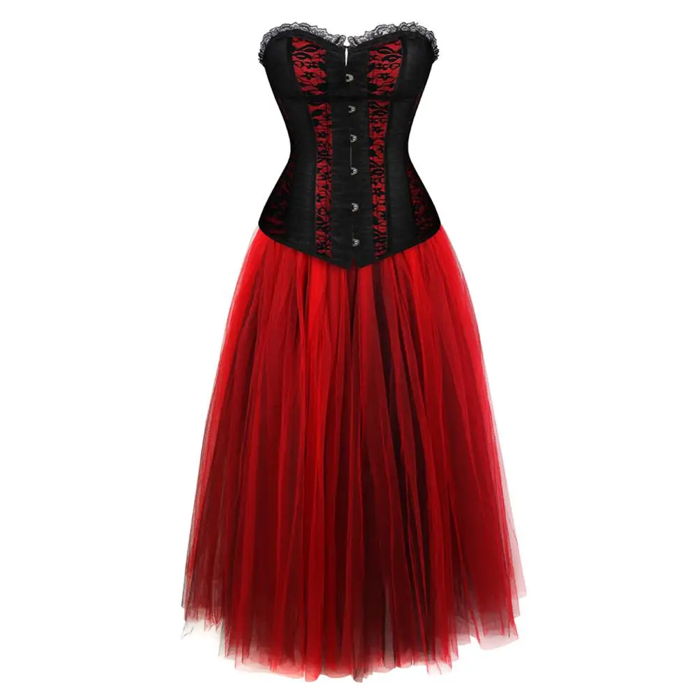 

Grebrafan Gothic Halloween Party Floral Overbust Waist Training Corsets with Layered Princess Mesh Tulle Long Skirt